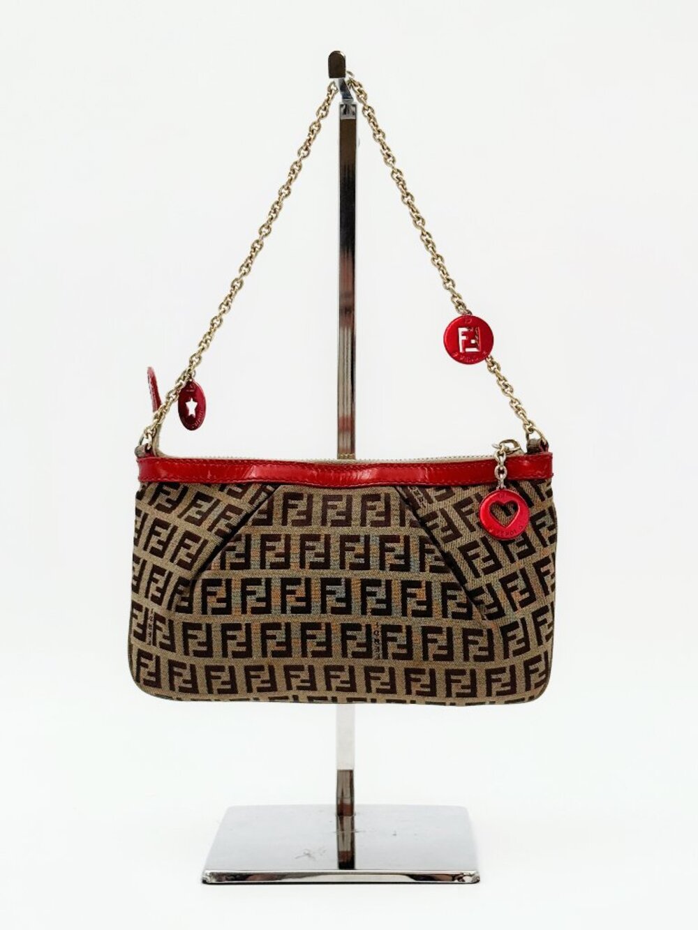 Fendi Zucca Mini Chain Shoulder Bag Red Patent Trim Canvas Pochette